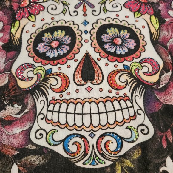 Sweet Gisele Sugar Skull T-Shirt Rhinestone Embellished Double Sided Womens XXL - Picture 4 of 9